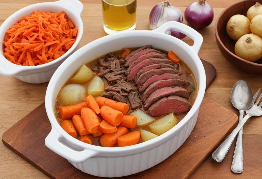 Ingredientes frescos para preparar carne a la olla argentina, incluyendo carne de res, papas, zanahorias, cebolla, ajo y especias.