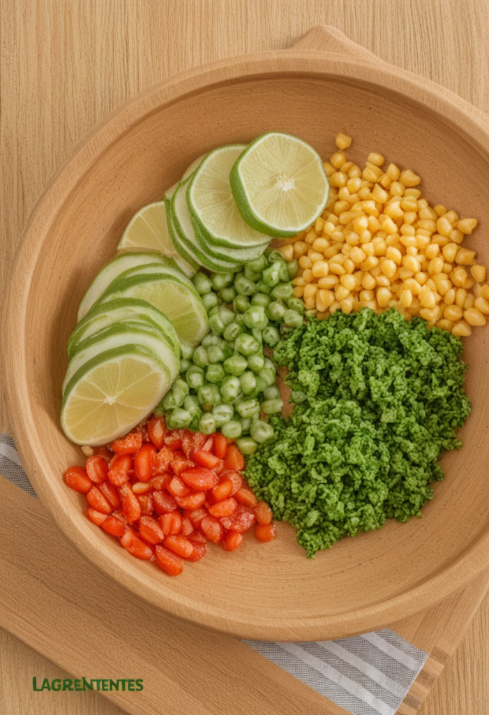  Ingredientes frescos para preparar minestrone: zanahorias, apio, cebolla, tomates, calabacín, alubias, pasta y hierbas sobre una mesa de cocina.