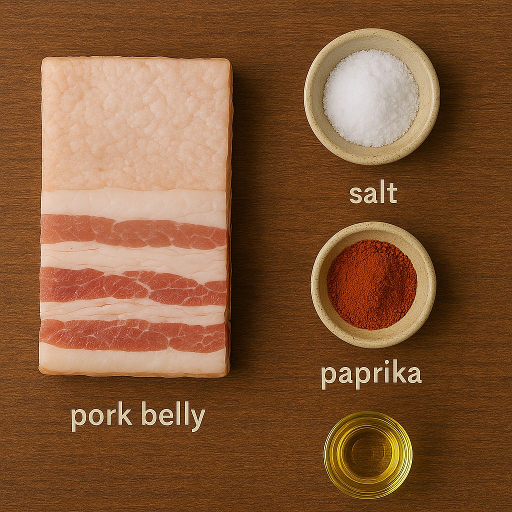 Imagen de los ingredientes necesarios para preparar torreznos de Soria, incluyendo panceta curada con su piel, sal y aceite, dispuestos sobre una superficie de cocina o tabla de madera.