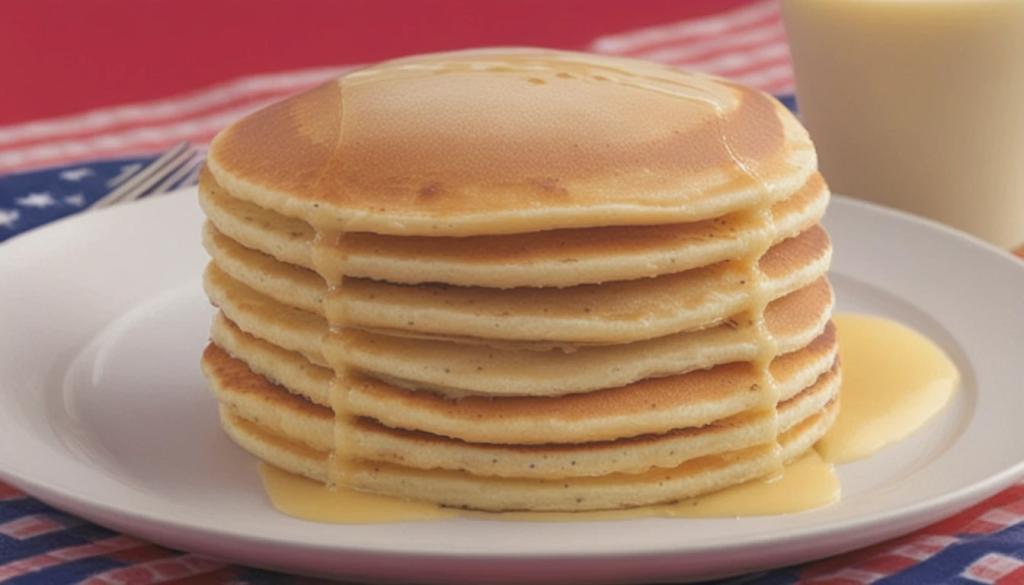 Panqueques americanos apilados, dorados y esponjosos, con mantequilla derretida en la parte superior y un chorrito de miel o jarabe de maple.