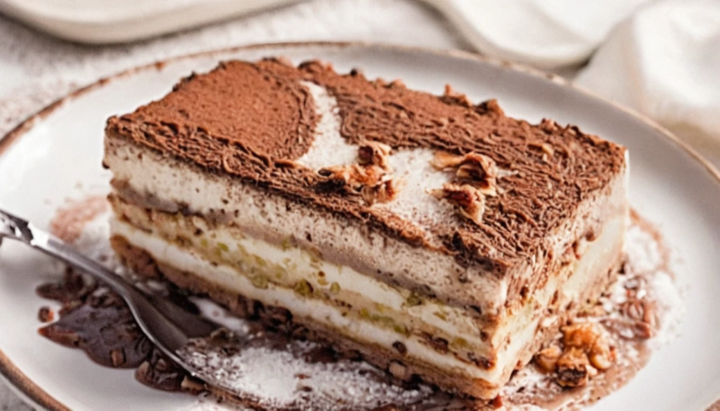 ostre brasileño de pavê servido en capas, con galletas empapadas en café y crema, decorado con virutas de chocolate por encima.