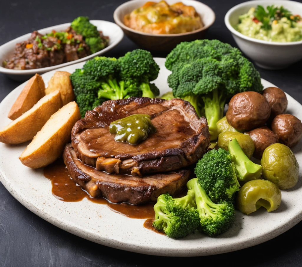 "Ingredientes clásicos para un Sunday Roast: carne de res, papas, zanahorias, guisantes, coles de Bruselas y salsa gravy sobre una mesa de cocina."