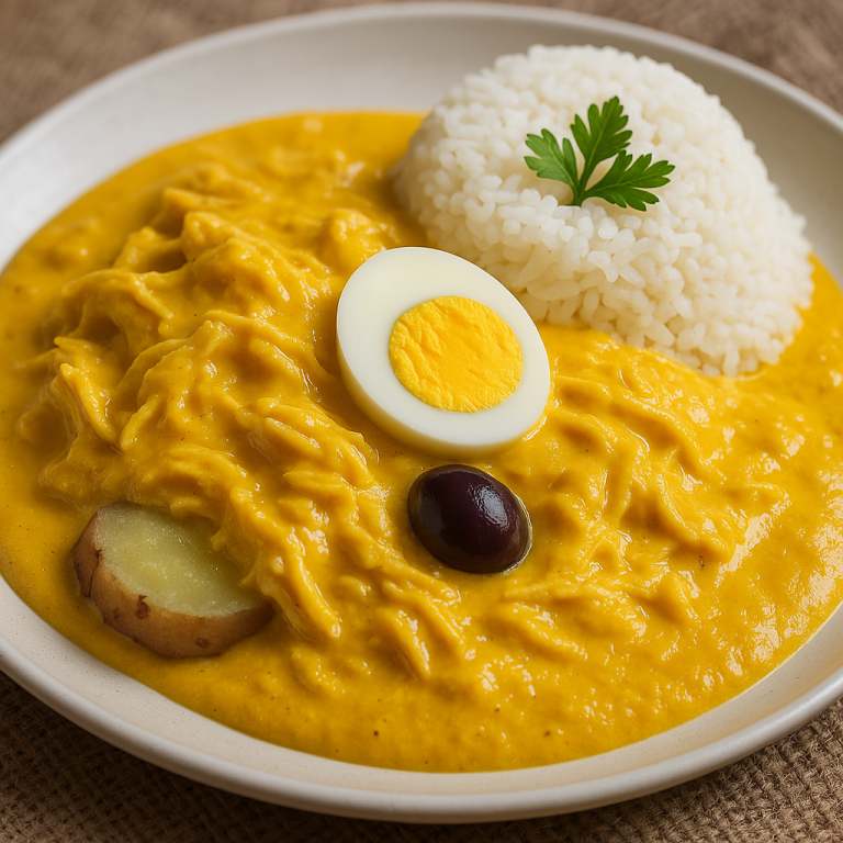 Ají de Pollo peruano servido con arroz blanco, medio huevo duro y aceitunas negras sobre un plato blanco.