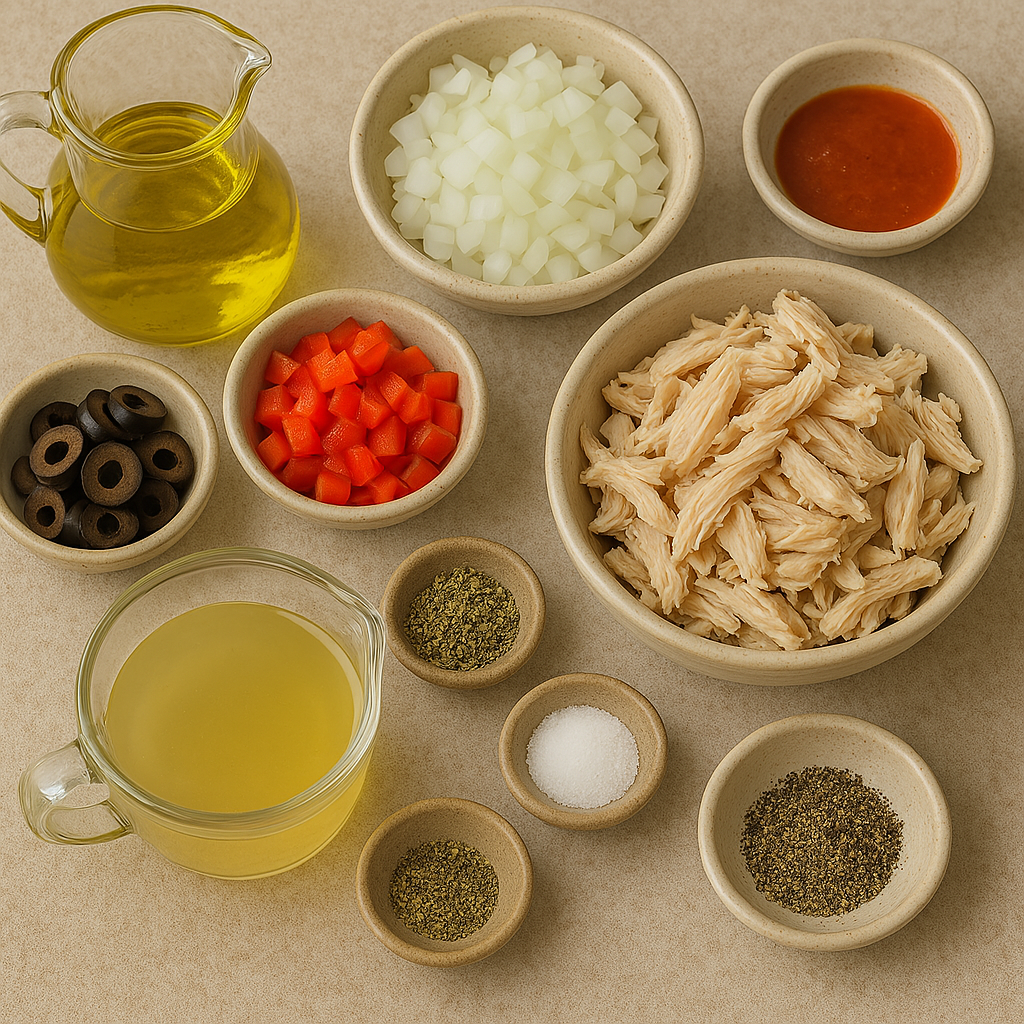 Ingredientes para empanadas argentinas de pollo: pollo cocido desmenuzado, cebolla picada, pimiento rojo, huevo duro, especias y discos de masa listos para rellenar.