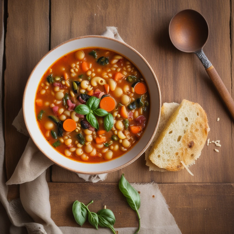 Plato hondo con sopa minestrone casera, llena de verduras troceadas, pasta corta y caldo aromático, servido caliente.