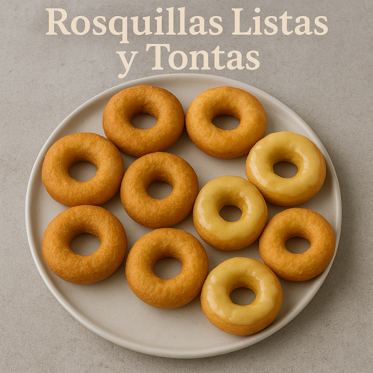 "Rosquillas listas y tontas tradicionales de Madrid, doradas y crujientes sobre bandeja de repostería."