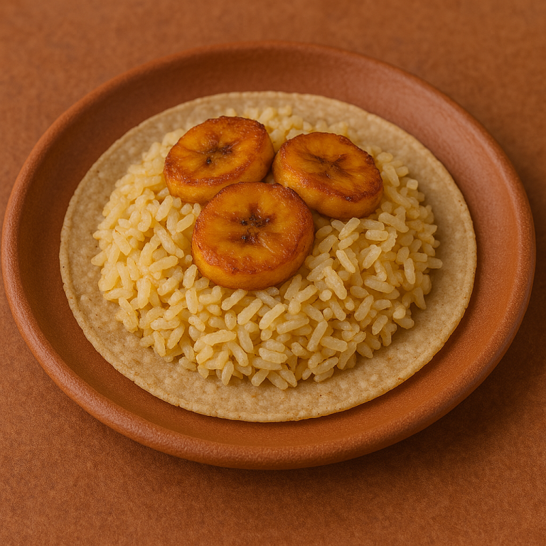 "Taco de arroz con plátano macho frito, servido en tortilla de maíz y acompañado de aguacate, salsa y condimentos."