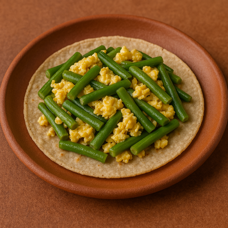 "Taco de ejotes con huevo servido en tortilla de maíz, acompañado de cebolla salteada y condimentos."