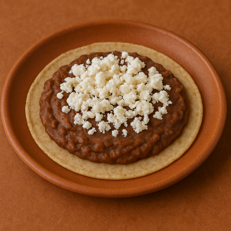 "Taco de frijoles refritos con queso fresco servido en tortilla de maíz, acompañado de cebolla, salsa y condimentos."