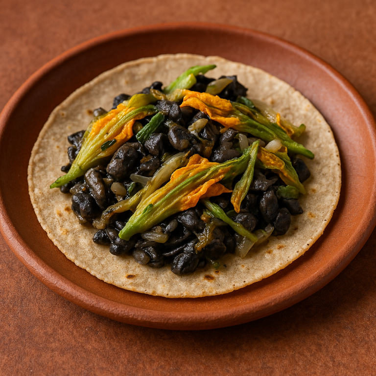 Taco de huitlacoche con flor de calabaza servido en tortilla de maíz, acompañado de cebolla salteada y sazonado con sal y pimienta