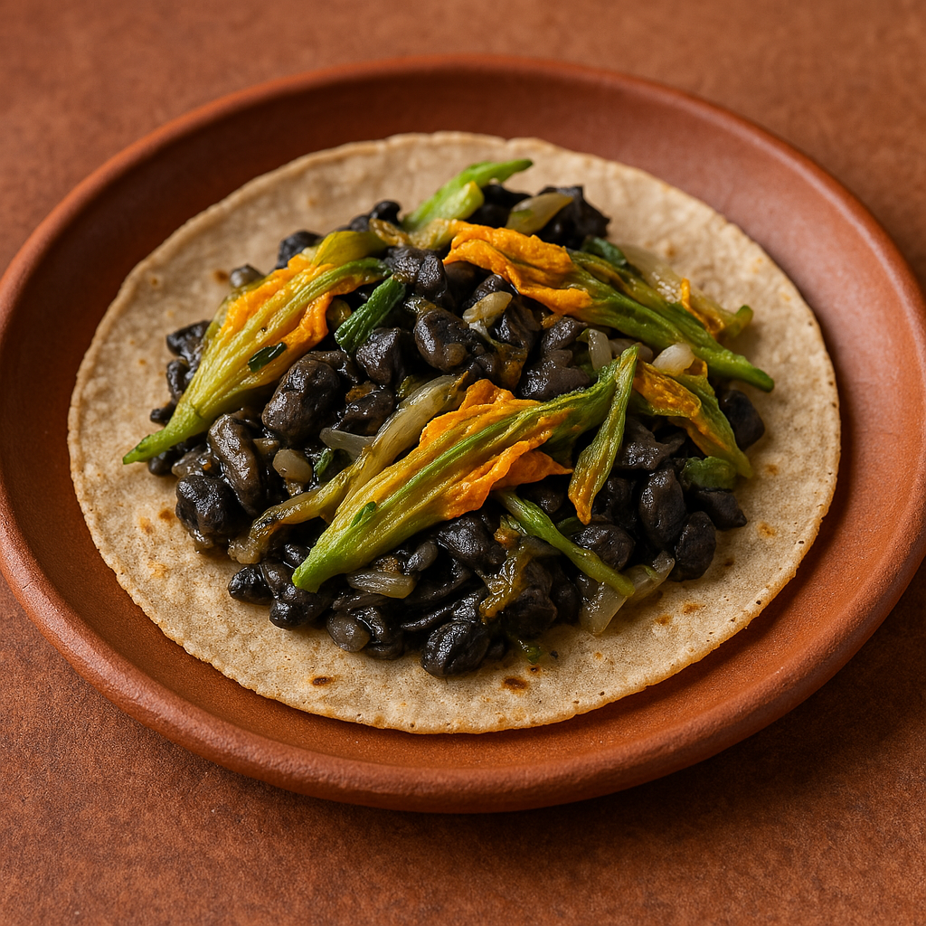 Taco de huitlacoche con flor de calabaza servido en tortilla de maíz, acompañado de cebolla salteada y sazonado con sal y pimienta