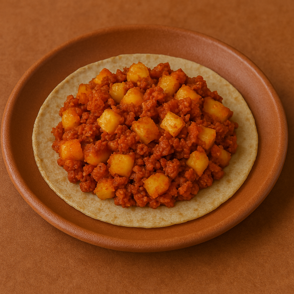 "Taco de papa con chorizo servido en tortilla de maíz, acompañado de cebolla salteada, salsa y especias."