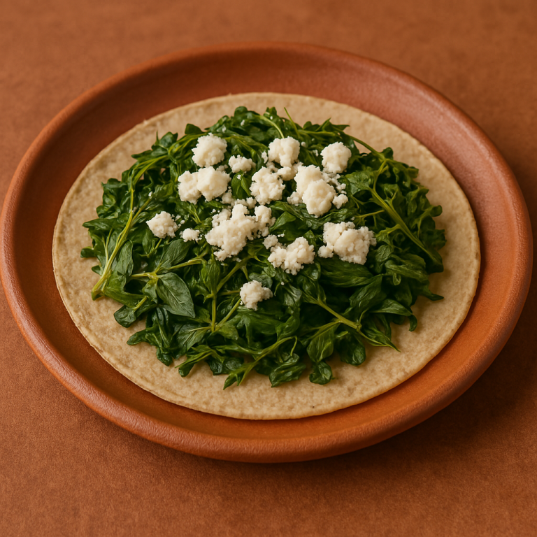 "Taco de quelites con queso fresco servido en tortilla de maíz, acompañado de cebolla salteada y sazonado con sal y pimienta."