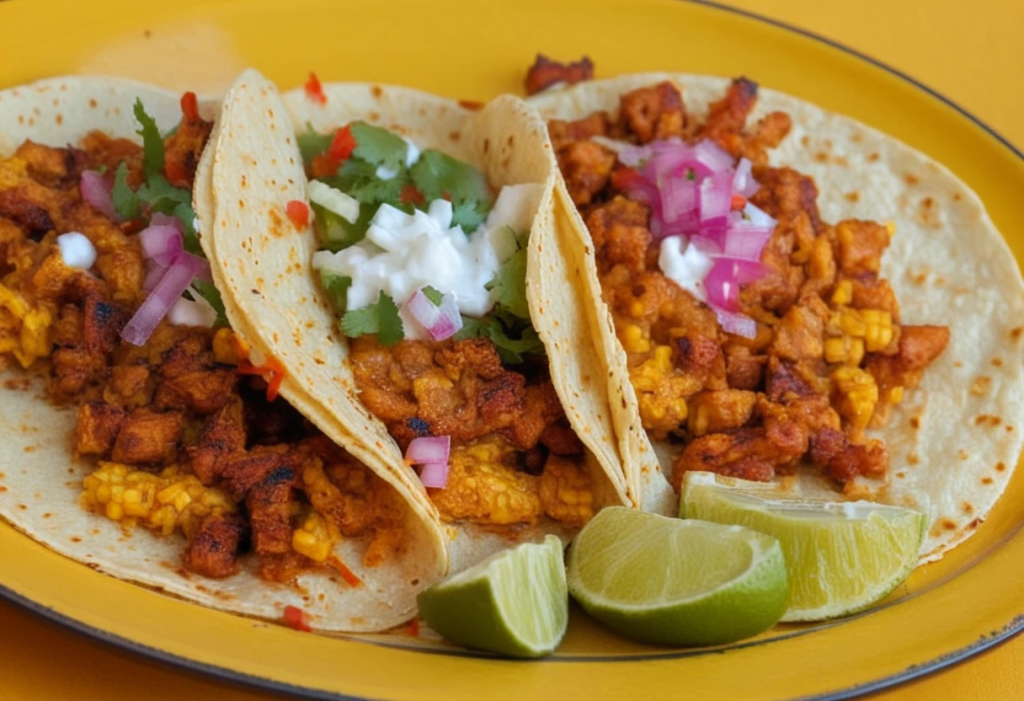 Tacos al pastor servidos en tortillas de maíz, rellenos de carne marinada, piña, cebolla y cilantro, listos para disfrutar.