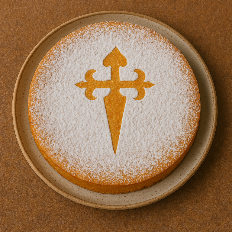 Tarta de Santiago tradicional, decorada con azúcar glas y la silueta de la cruz de Santiago en el centro, sobre una base de madera.