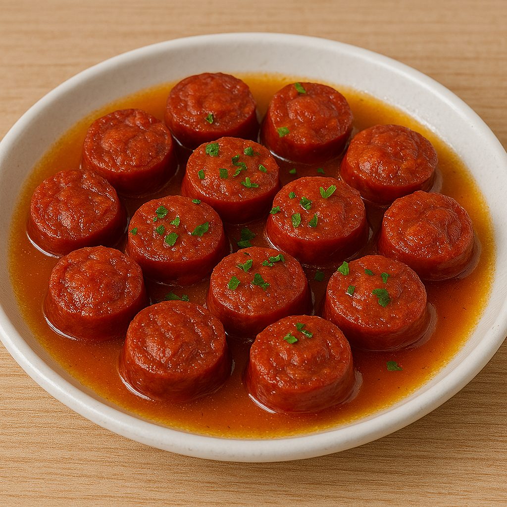 Chorizo cocido en sidra servido en una cazuela de barro, con salsa espesa y burbujeante, típico de la cocina asturiana.