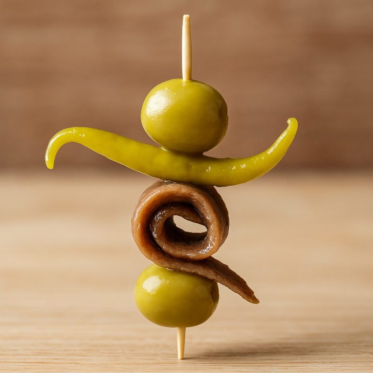 Brocheta de Gilda con aceituna verde, guindilla y filete de anchoa, servida sobre un plato pequeño como aperitivo.