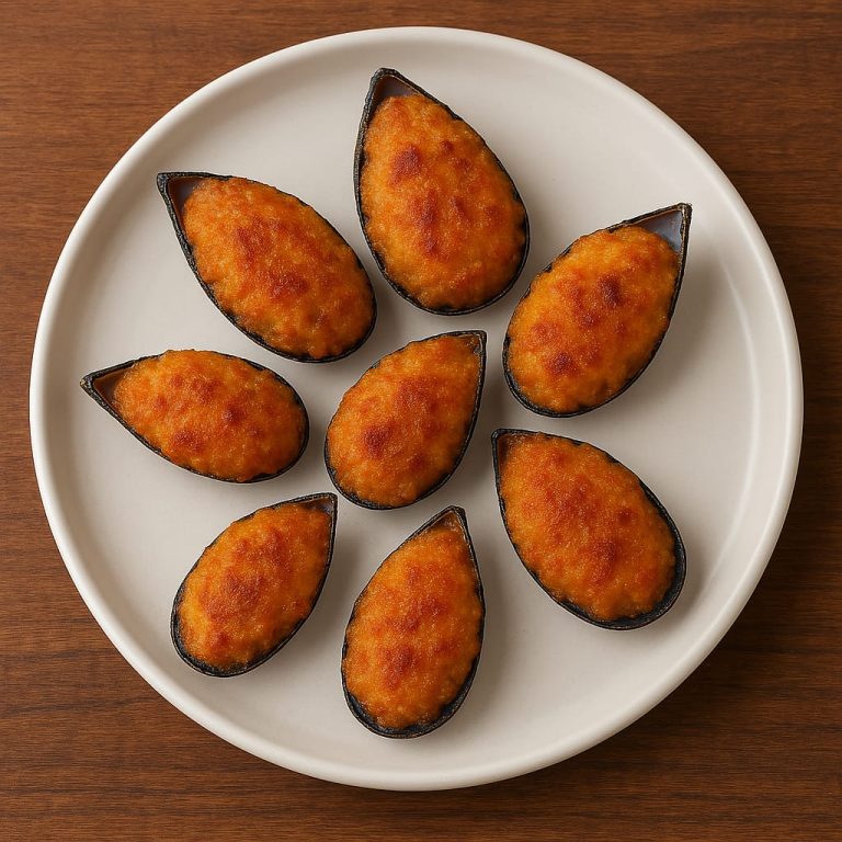 “Mejillones tigre rellenos con una mezcla cremosa de carne de mejillón, bechamel y especias, empanados y fritos hasta quedar dorados, servidos sobre un plato con rodajas de limón”