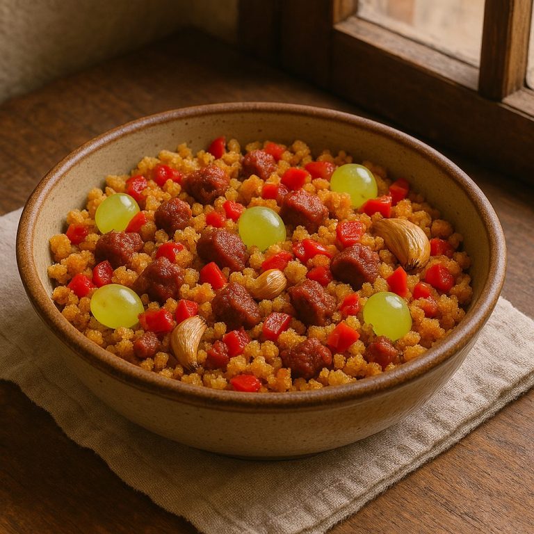 Plato de Migas Extremeñas servido en un plato blanco, con pan desmenuzado dorado en aceite de oliva, trozos de chorizo, panceta, pimientos y ajos fritos, todo bien crujiente y apetitoso.