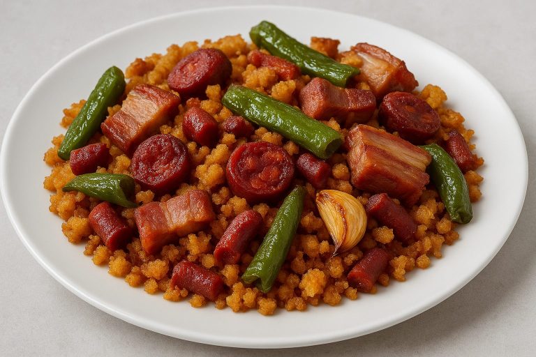 Plato de Migas Extremeñas servido en un plato blanco, con pan desmenuzado dorado en aceite de oliva, trozos de chorizo, panceta, pimientos y ajos fritos, todo bien crujiente y apetitoso.