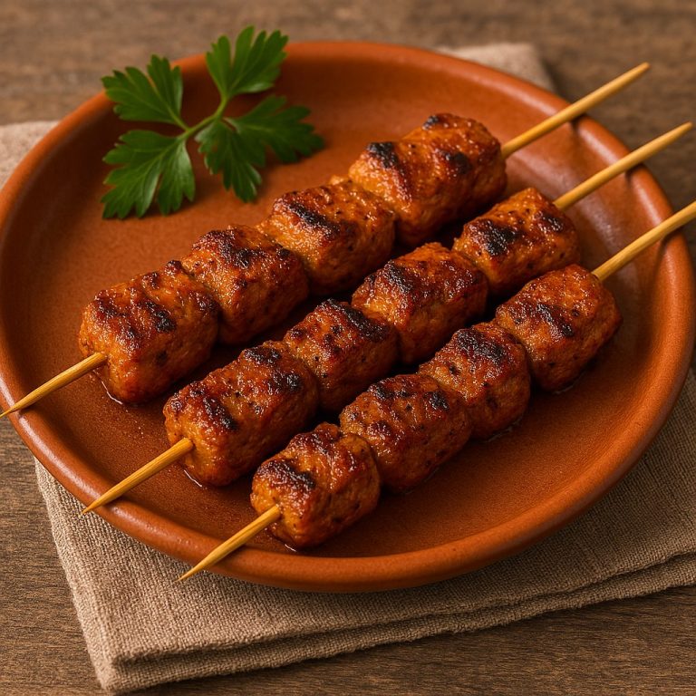 Pincho Moruno cocinado, brochetas de carne especiada y asada, servidas sobre un plato acompañado de rodajas de limón y perejil fresco.