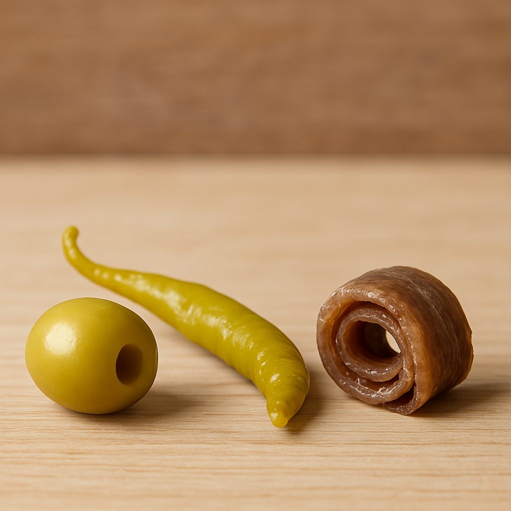 Ingredientes para preparar gildas: aceitunas verdes, guindillas en vinagre y filetes de anchoa dispuestos sobre una tabla de cocina.