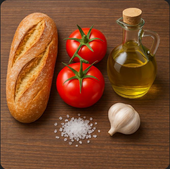 Ingredientes para preparar pan con tomate: pan rústico, tomates maduros, aceite de oliva virgen extra, ajo y sal.
