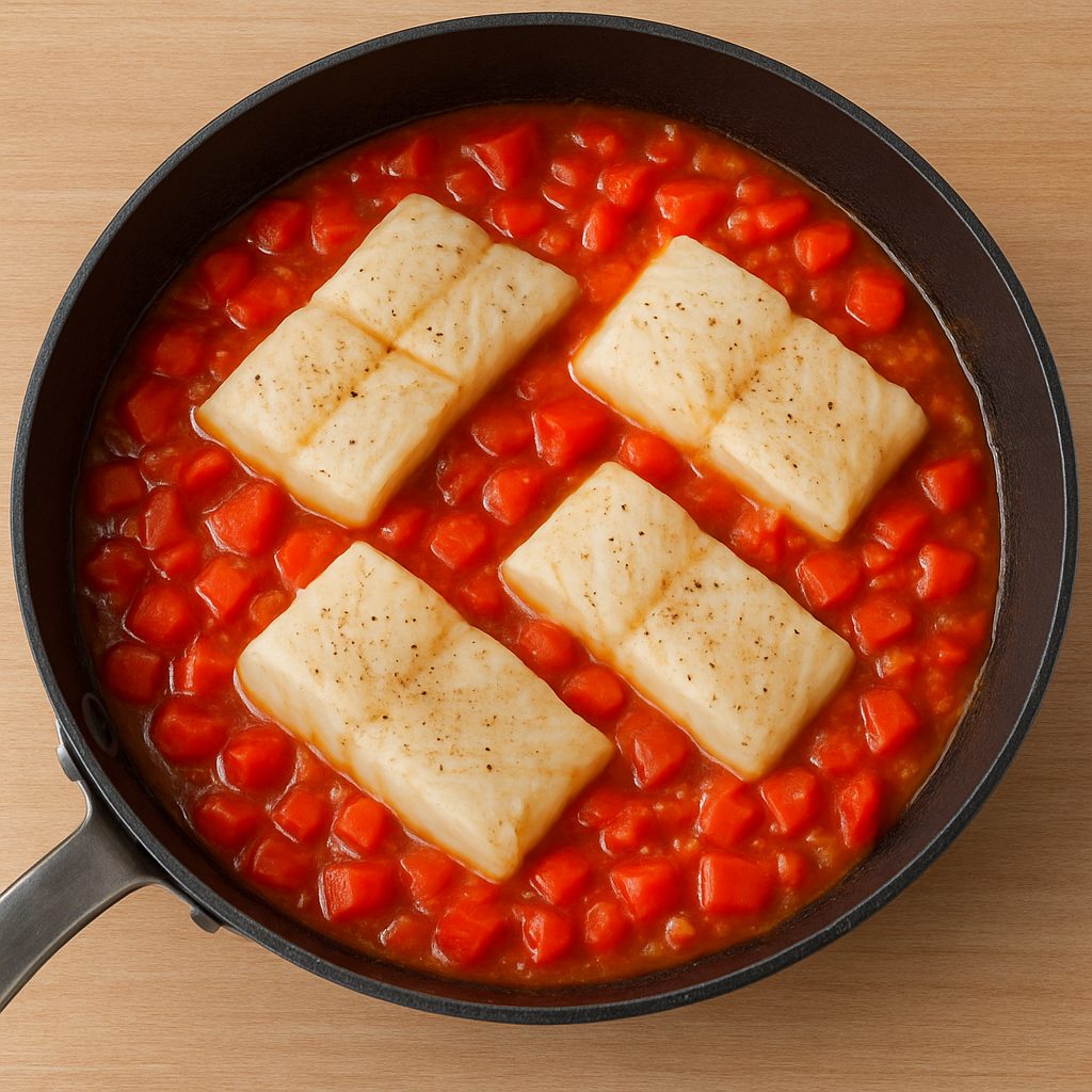 Lomos de bacalao cocinándose en una cazuela con salsa de tomate y pimientos rojos, burbujeando suavemente sobre una base de madera.