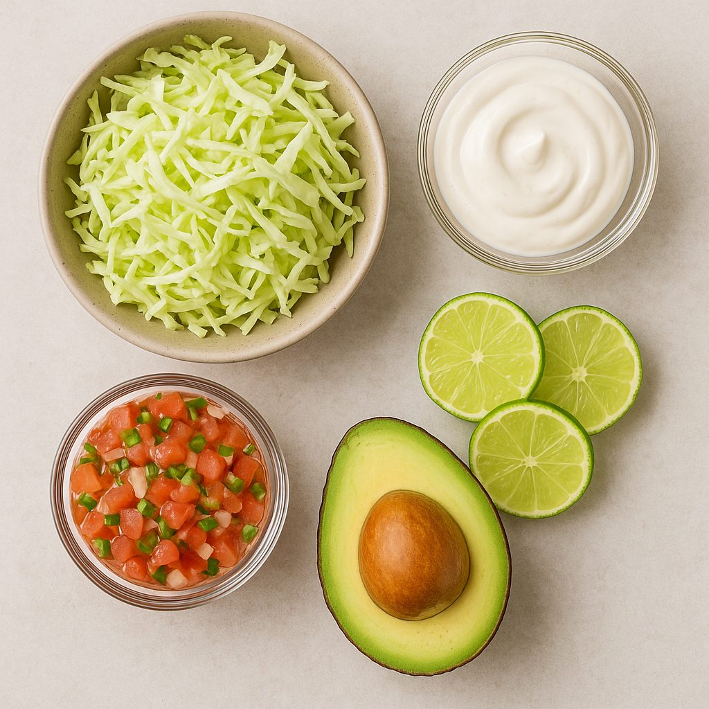 bol con ingredientes, col rallada, cremas o mayonesa con limón,
salsa de pico de gallo, jitomate, cebolla. 