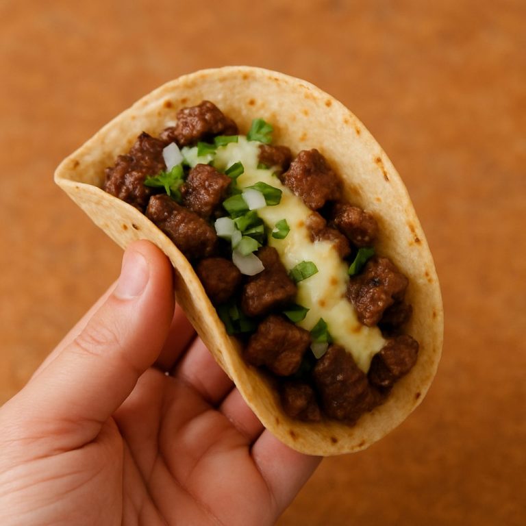 "Taco de arrachera con queso en tortilla de maíz, con tiras de carne asada, queso derretido, cebolla, jitomate y cilantro fresco, servido sobre un plato rústico"