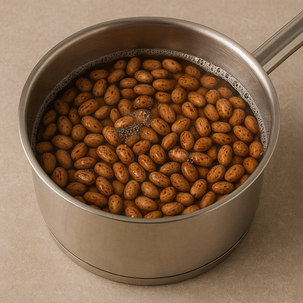 Frijoles cocinándose en una olla con agua hasta que estén suaves y listos para usar.