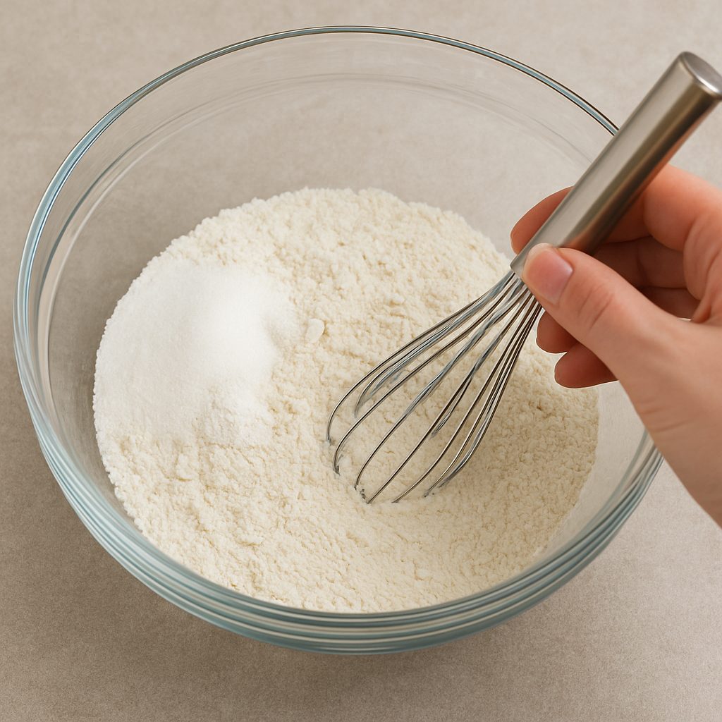 Mezcla de ingredientes secos en un tazón de vidrio, con harina, azúcar, polvo de hornear y sal siendo batidos con un globo de alambre.
