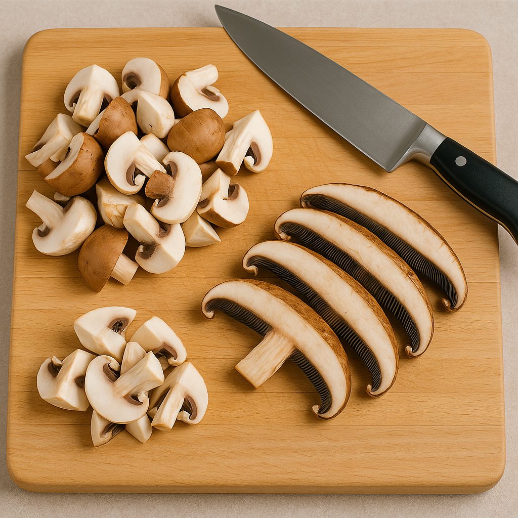 Setas frescas cortadas en diferentes tamaños sobre una tabla de madera, listas para cocinar.