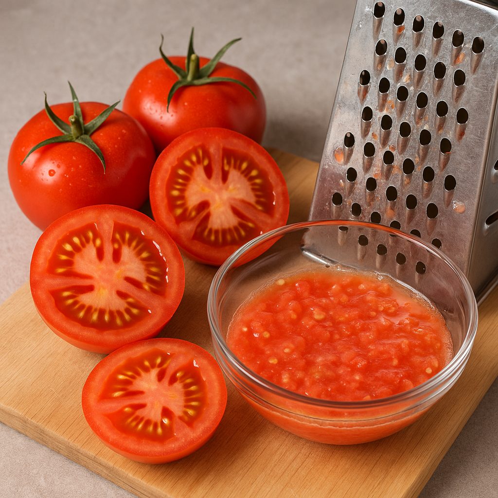 Tomates frescos rallados en un bol, listos para preparar pan con tomate.