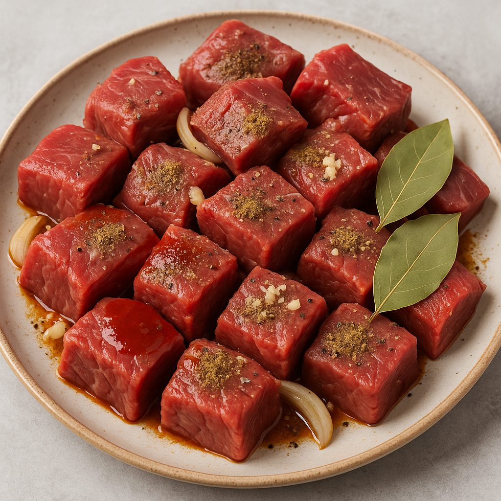 Carne de res cortada en cubos y sazonada con ajo, cebolla, comino, sal, pimienta, hojas de laurel y salsa de chile guajillo.