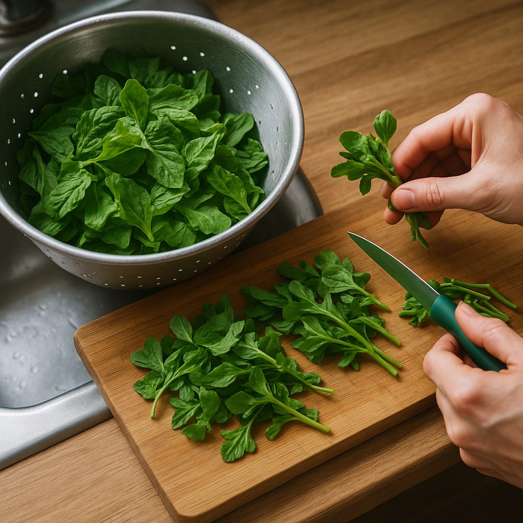 Quelites frescos siendo lavados y limpiados, con las hojas tiernas separadas de los tallos gruesos sobre una tabla de cocina.
