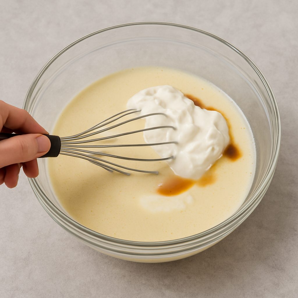 Tazón de vidrio con mezcla líquida para panqueques, donde se observa yogur, vainilla y una mano batiendo con un batidor de alambre.