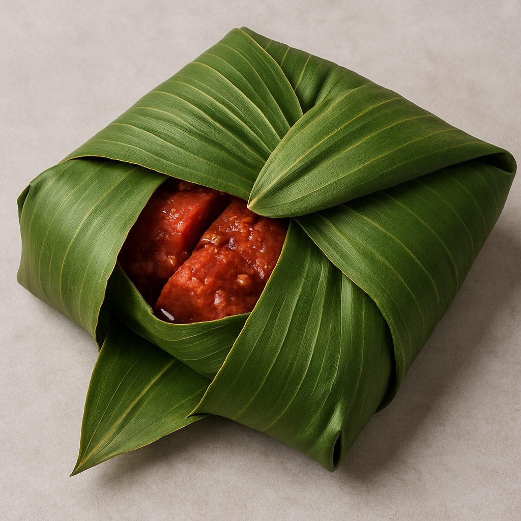 Carne sazonada envuelta cuidadosamente en hojas de maguey, formando un paquete bien cerrado lista para su cocción.