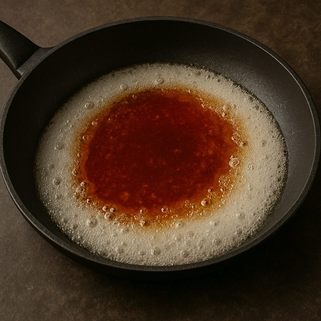 Sartén antiadherente con azúcar y agua burbujeando mientras se caramelizan, formando un caramelo dorado en el centro.