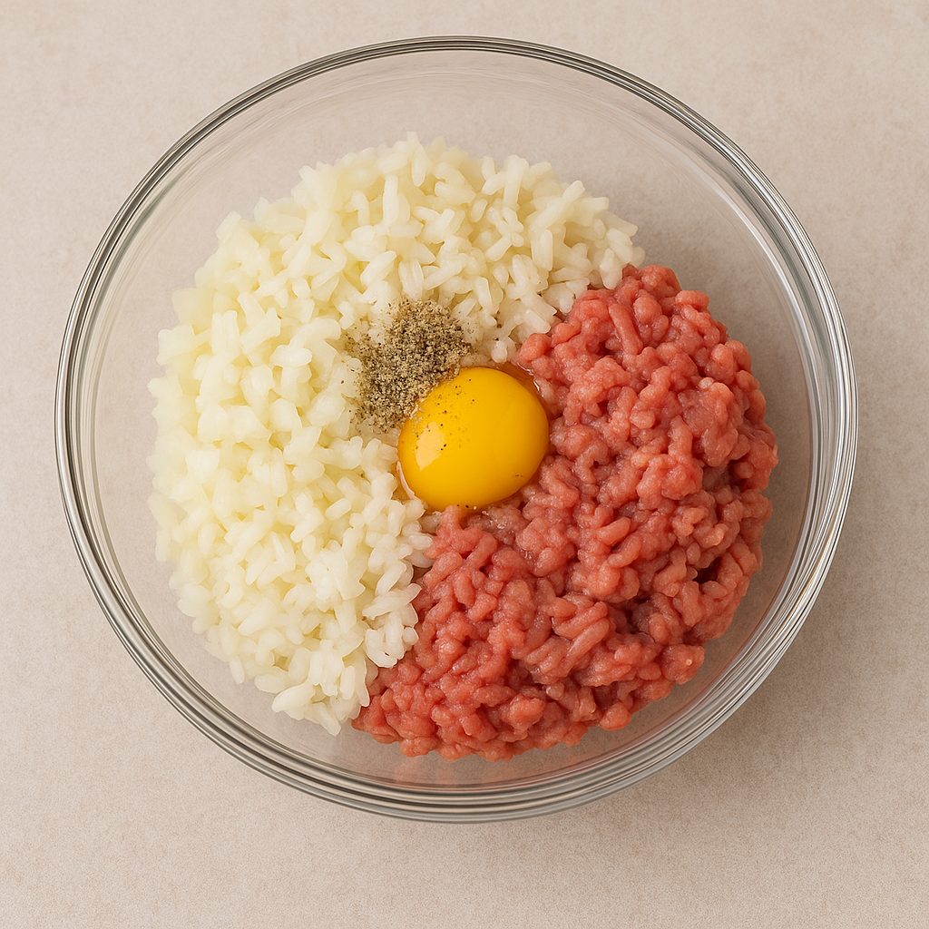 carne molida, arroz cocido, cebolla picada, un huevo y condimentos listos para mezclar y preparar el relleno.