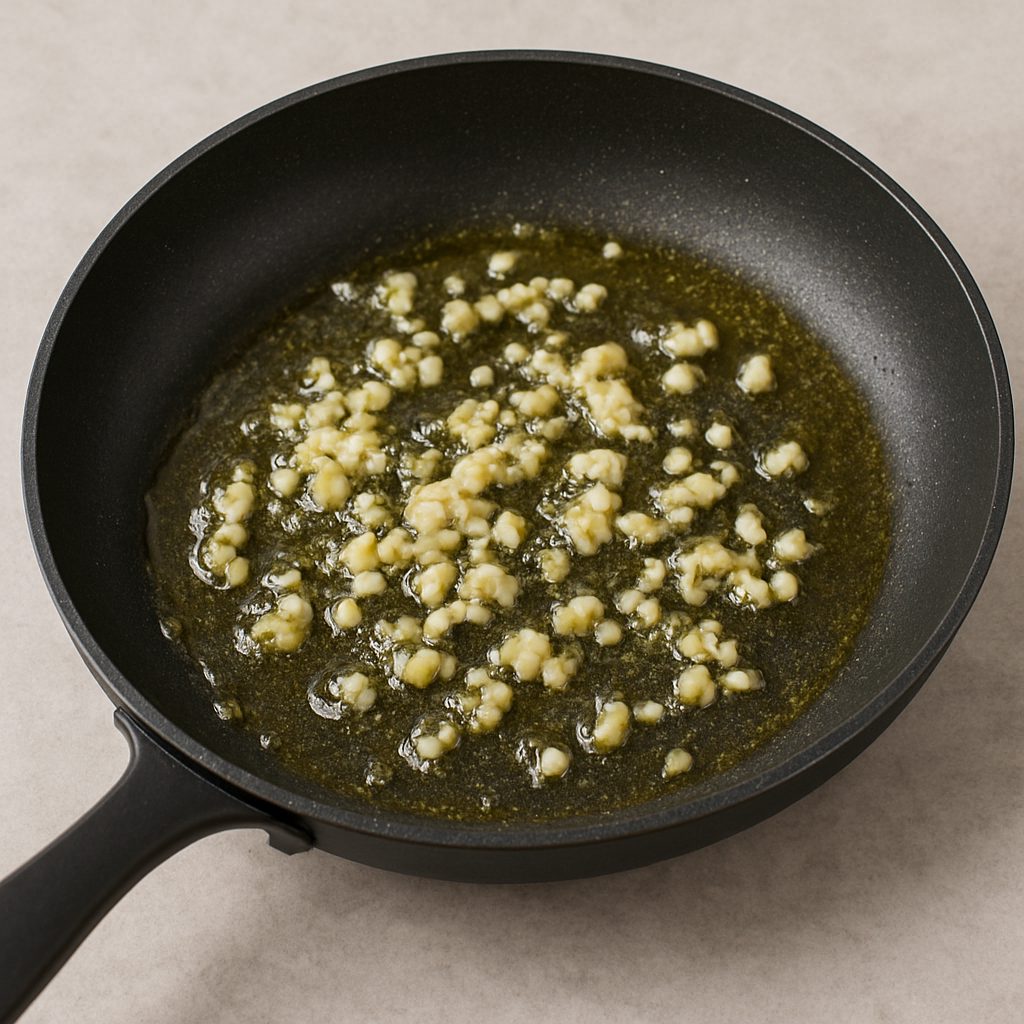 Ajo picado salteándose en aceite de oliva dentro de una sartén negra, con el aceite burbujeando ligeramente.