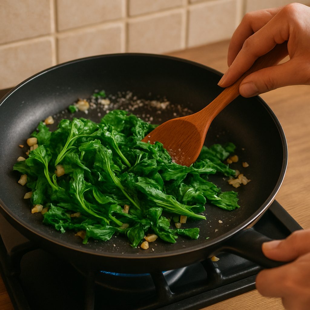 Quelites salteándose en una sartén con un poco de aceite, mostrando las hojas tiernas cocinándose ligeramente a fuego medio.