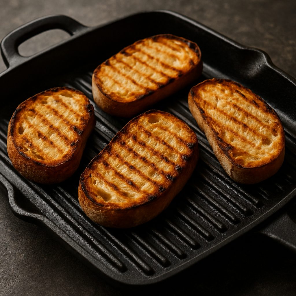 Rebanadas de pan artesanal dorándose en una sartén de hierro, con marcas de parrilla visibles y textura crujiente.