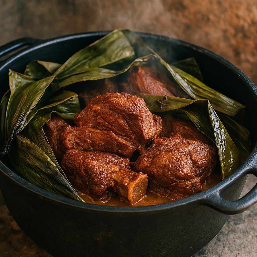 Carne envuelta en hojas de maguey cocinándose lentamente en una olla, mostrando su textura tierna y jugosa lista para servirse.