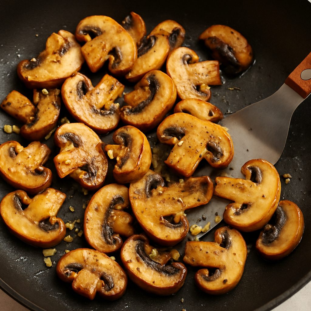 Setas fileteadas cocinándose en una sartén con aceite, mostrando un ligero dorado en los bordes y vapor elevándose suavemente.