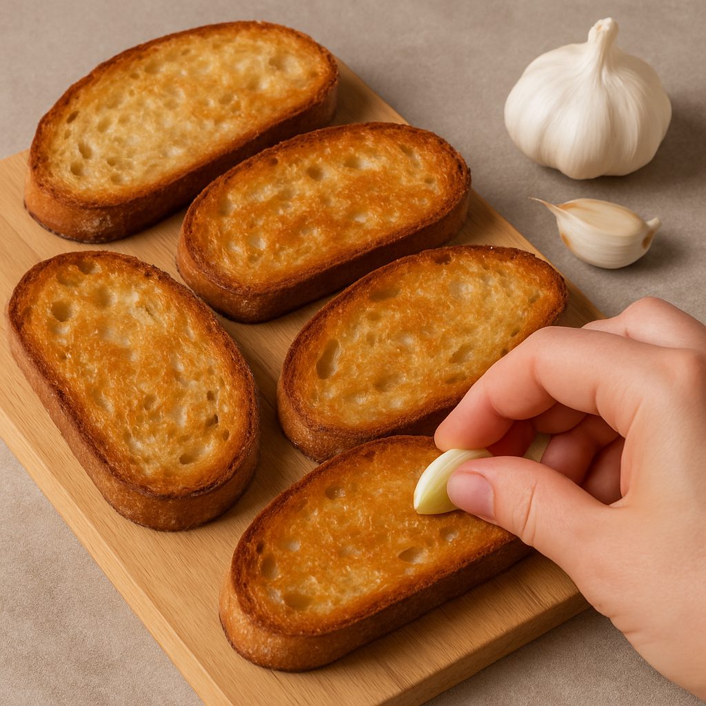 Mano frotando un diente de ajo sobre una rebanada de pan tostado para darle sabor.