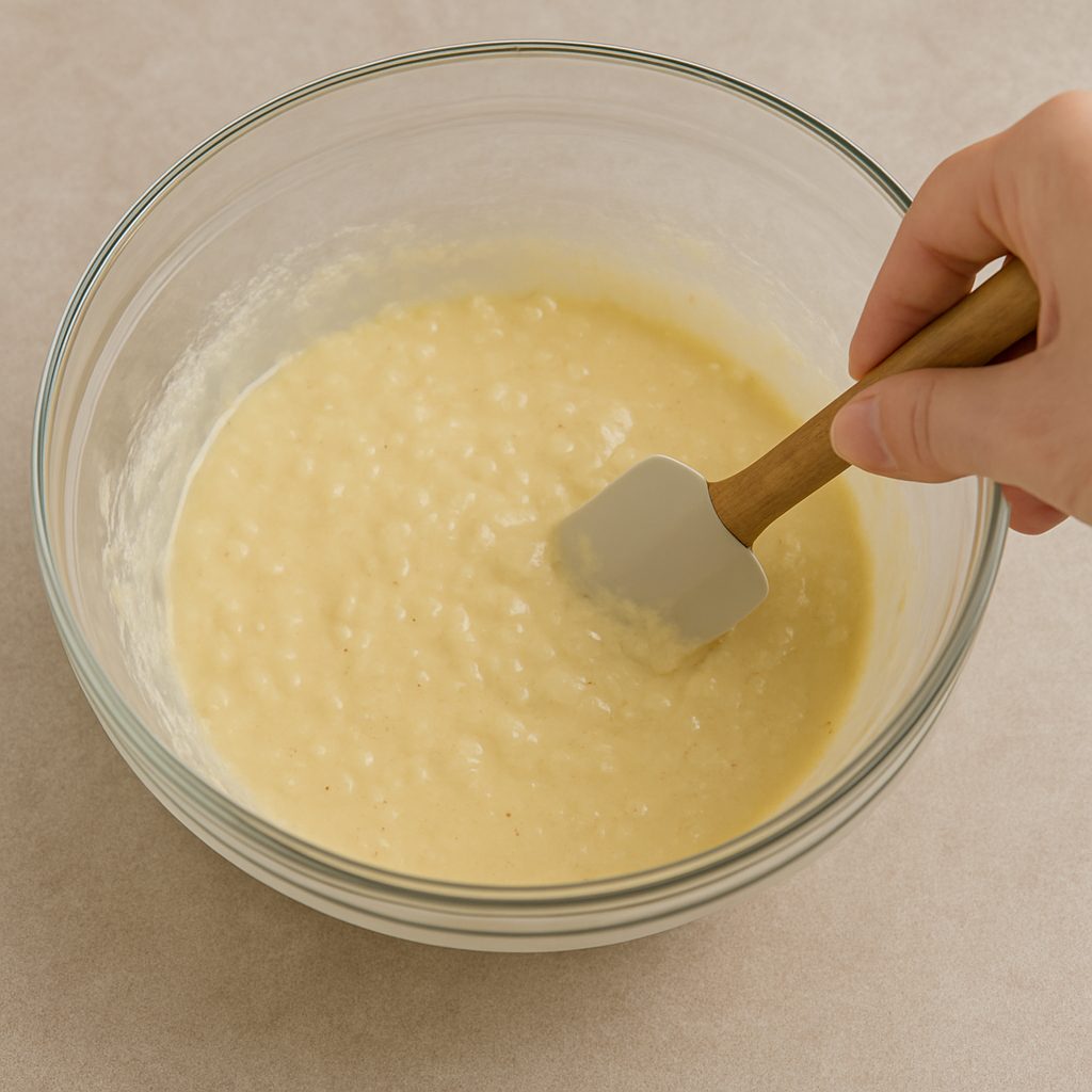  Mano mezclando suavemente la masa en un tazón de vidrio con espátula, integrando los ingredientes sin sobrebatir.