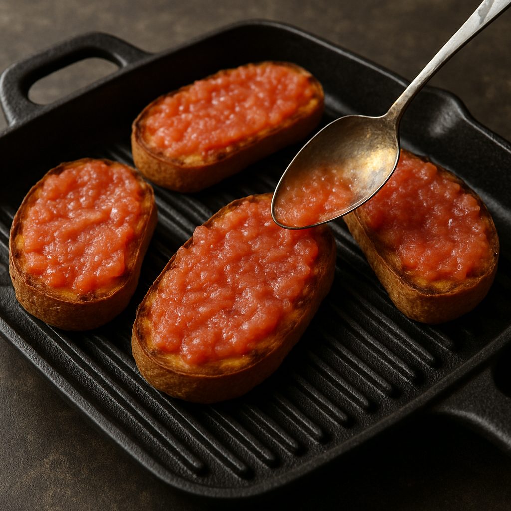 Rebanadas de pan tostado cubiertas con pulpa de tomate rallado, extendida con una cuchara sobre la superficie del pan.