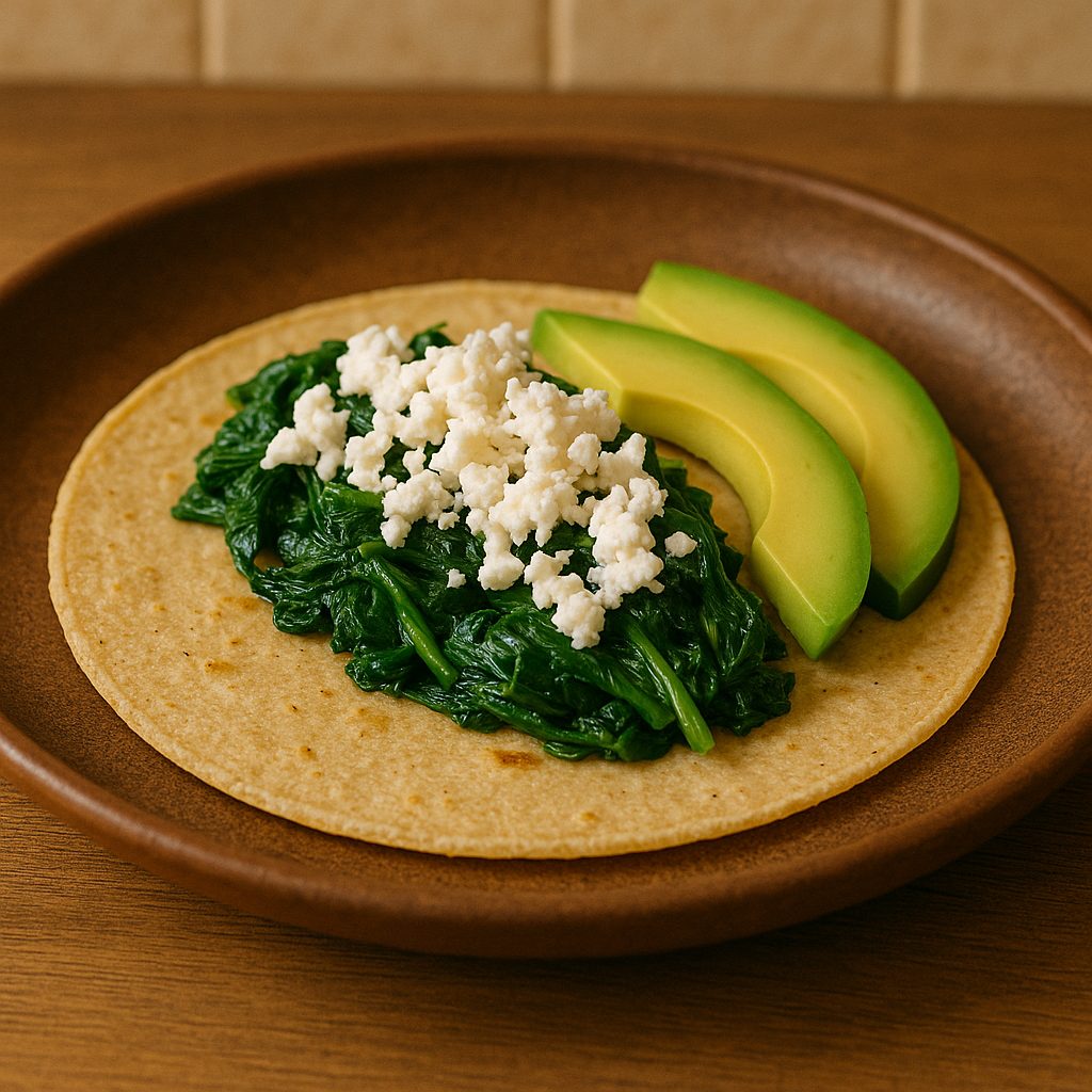 Tacos siendo armados con tortillas calientes, quelites salteados y trozos de queso fresco colocados en su interior.