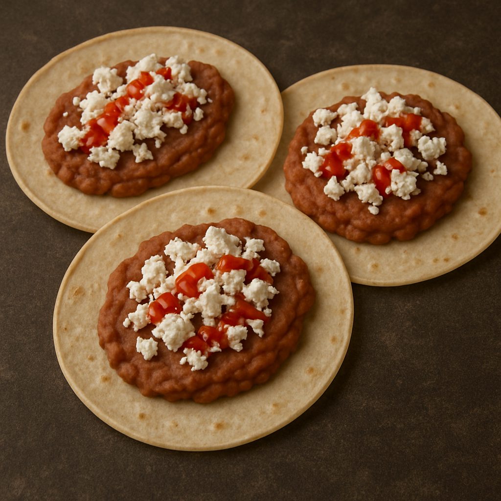 Tortillas de maíz con frijoles refritos en el centro, cubiertos con queso fresco desmoronado y salsa roja, listas para doblar y servir.